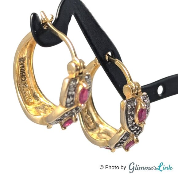 Ross Simons Pink Rubies Gold Plated Sterling Silver Hoop Pierced Earrings - Picture 2 of 10